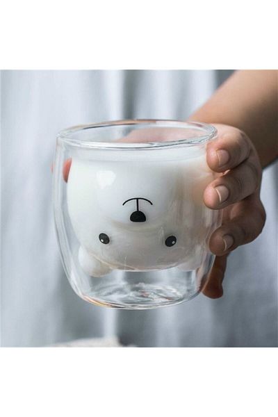 Anadolu Saray Çarşısı Cană din sticlă borosilicată cu perete dublu, fără mâner, cu caracter de ursuleț de pluș, cu design distractiv, 250 ml