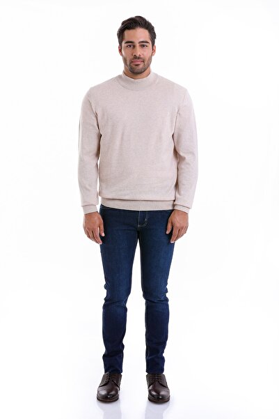 Hatemoğlu Ανδρικό πλεκτό πουλόβερ σε μπεζ κανονική εφαρμογή 100% βαμβάκι Half Fisherman