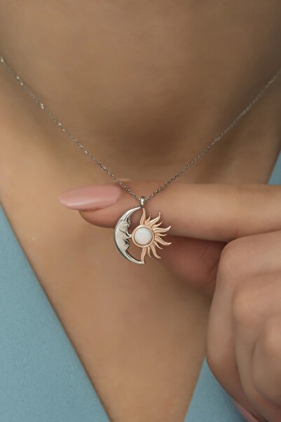klas gümüş Opal Beyaz Taşlı Ay Ve Güneş Kolye-925 Ayar Gümüş