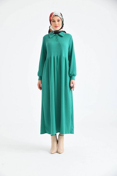 VOLT CLOTHİNG Women's Buttoned Shirt Collar Balloon Sleeve Hijab Dress