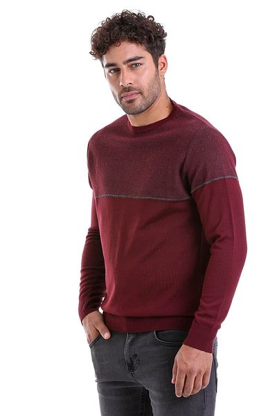 Hatemoğlu Claret Red Comfort Fit Jacquard Crew Neck Woolen Sweater