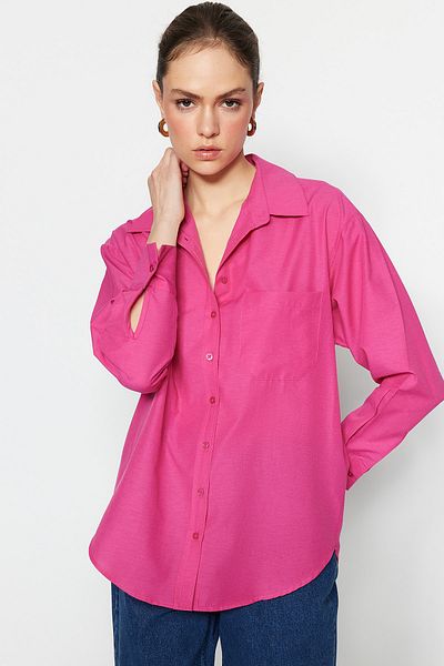 Trendyol Collection Fukszia egyzsebű barát/széles szabású pamut szőtt ing TWOAW20GO0115