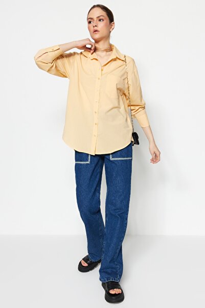 Trendyol Collection Cămașă țesută din bumbac, bej, cu un singur buzunar TWOAW20GO0115