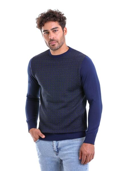 Hatemoğlu Синій комфортний джемпер з жакардовим візерунком, вовняний, з коміром-стійкою