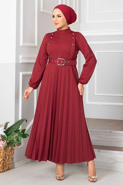CEVHER Aynur Pleated Hijab Dress Burgundy