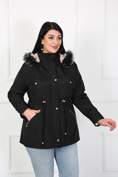 By Alba Collection Women's Black Zipper Detail Water Repellent Bondit Fabric Large Size Coat
