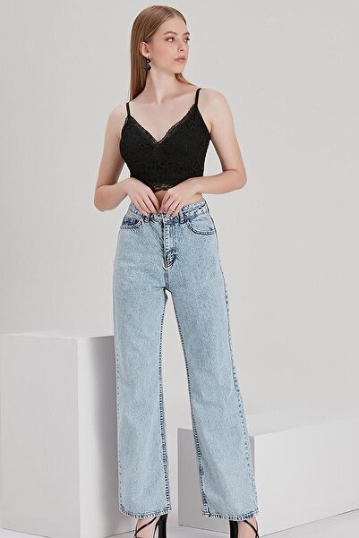 LİMABEL Pantaloni de damă Leo, albaștri, cu picioare largi, spălate cu zăpadă