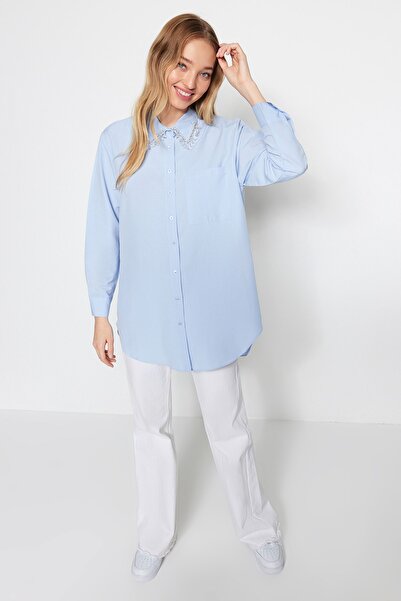Trendyol Modest Detailní tkaná bavlněná košile s modrým límečkem TCTSS23TG00014
