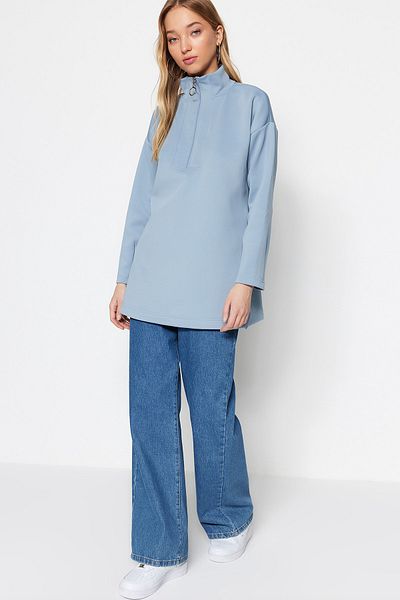 Trendyol Modest Übergroßes blaues Scuba-Sweatshirt – Reißverschlussdetails, Taucher-Strick, TCTAW23TW00198