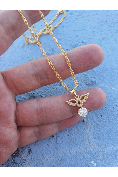 barisiva gold 22 Ayar Altın Kaplama Melek Kanatlı Zirkon Taşlı Kolye