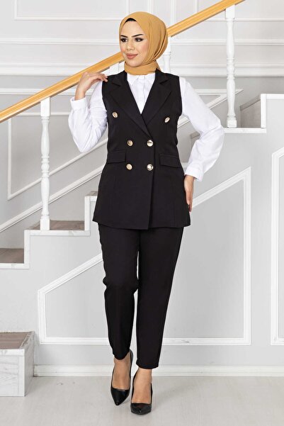 Genel Markalar Mendil Yaka Detaylı Tesettür Yelek Takım