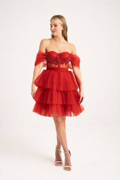 Lenta Moda Red Mini Embroidered Lace Detailed Evening Dress and Evening Dress