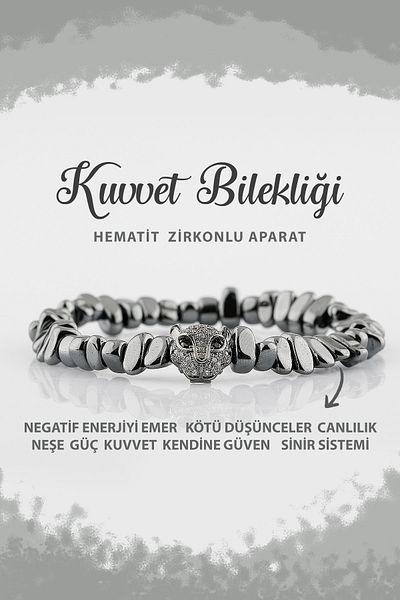 Deniz Doğal Taş Certified Force Natural Stone Bracelet Hematite Zircon Apparatus B004