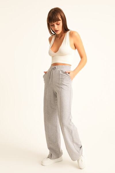 LACHT Γυναικείο φούτερ με ψηλόμεσο γκρι φαρδύ πόδι