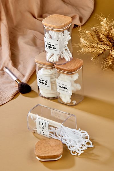 FBZhome Set de baie din 4 bucăți cu capac din lemn acrilic și bumbac pentru urechi și bumbac și machiaj din bumbac 250 ml