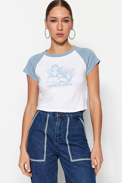 Trendyol Collection Tricou albastru, 100% bumbac, tricotat cu decolteu turnat, cu imprimeu TWOSS23TS00170