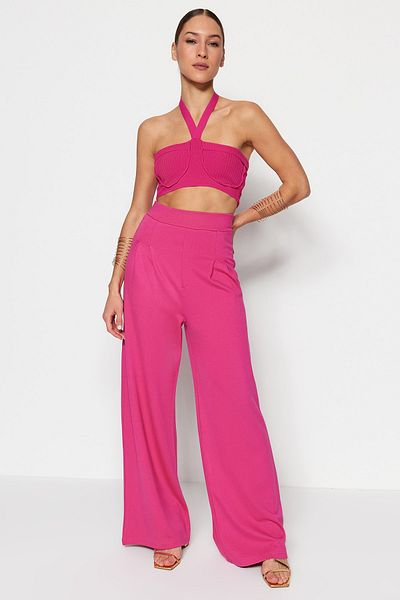 Trendyol Collection Fuchsiová široká noha/uvolněný střih s vysokým pasem, plisované pletené kalhoty TWOSS23PL00084