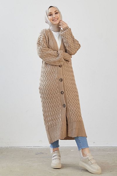 InStyle Arene Long Knitted Buttoned Knitwear Cardigan - Camel