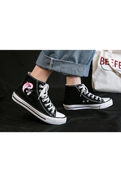 Touz Pantofi de pânză neagră cu imprimeu Hakatumoda Kuromi & Melody