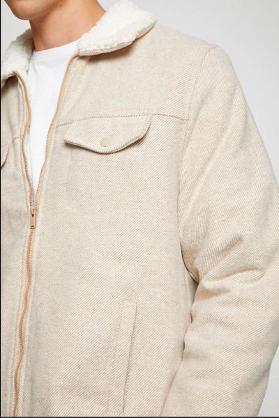 Koton Beige Trend Jacket Coat with Fur Inside Thick Zippered Pocket Detail
