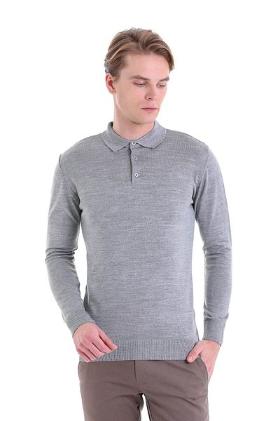 Hatemoğlu Gray Comfort Fit Plain Polo Collar Woolen Sweater