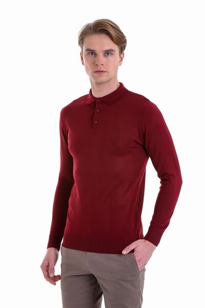 Hatemoğlu Μάλλινο πουλόβερ Claret Red Comfort Fit Flat Polo γιακά