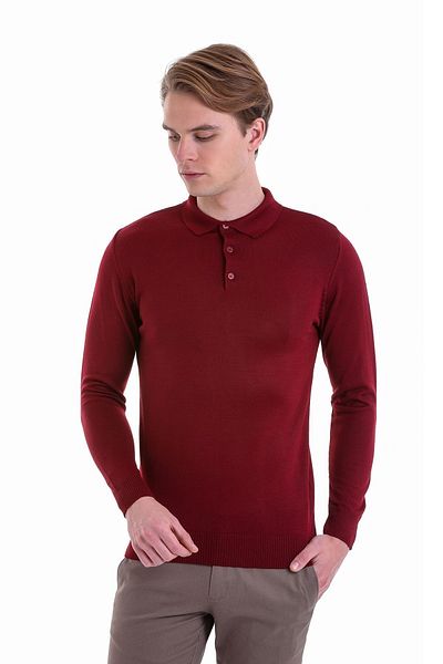 Hatemoğlu Μάλλινο πουλόβερ Claret Red Comfort Fit Flat Polo γιακά