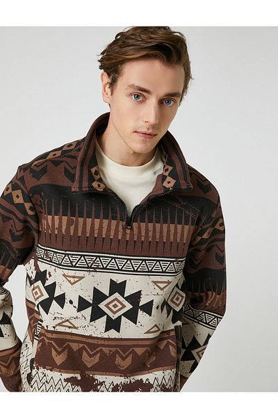 Koton High Collar Sweatshirt Ethnic Printed Half Zipper