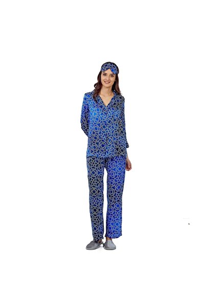 Nomads Felt Silk Shirt-Pants / Pajama Set| Blue-Navy Blue Patterned| Nomads Felt