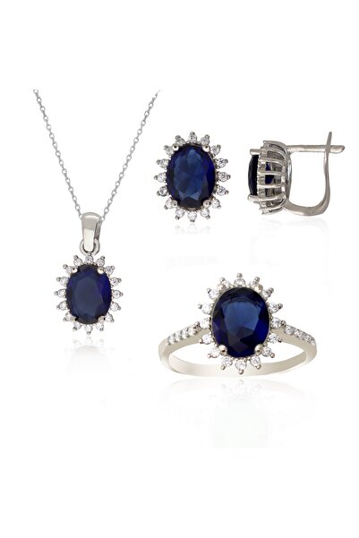 Silveranka 925 Ayar Gümüş Safir Oval Taşlı Takı Seti