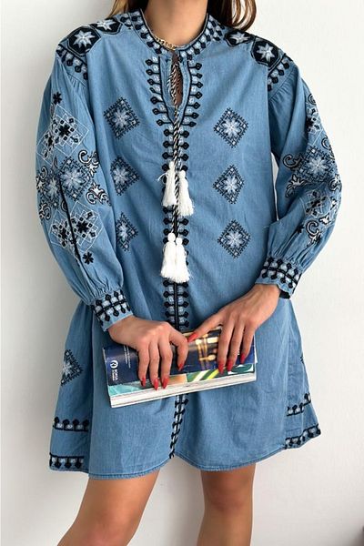 FEMELLE Rochie de blugi din denim, broderie, cu model etnic, cu centură, sezon nou