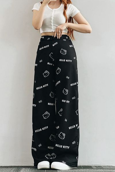 EFBUTİK Pantaloni de trening negri Hello Kitty cu picioare largi