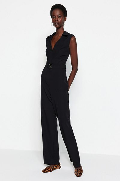 Trendyol Collection Černý košilový límec Maxi Woven Overal TWOSS23TU00079