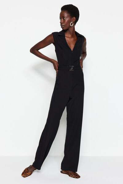 Trendyol Collection Černý košilový límec Maxi Woven Overal TWOSS23TU00079