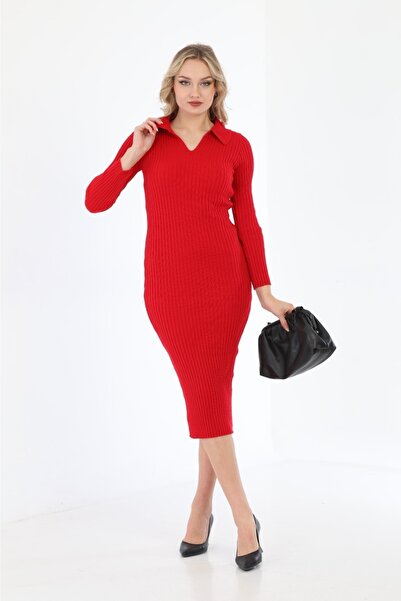 MODA MAÇKA PARK Rochie tricotată cu guler polo din Lycra cu nervuri roșii