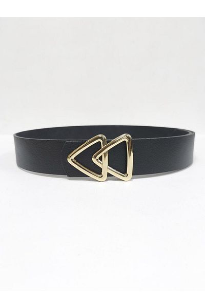 Kemerix 100% Genuine Leather Women's Black Belt with Gold Buckle
