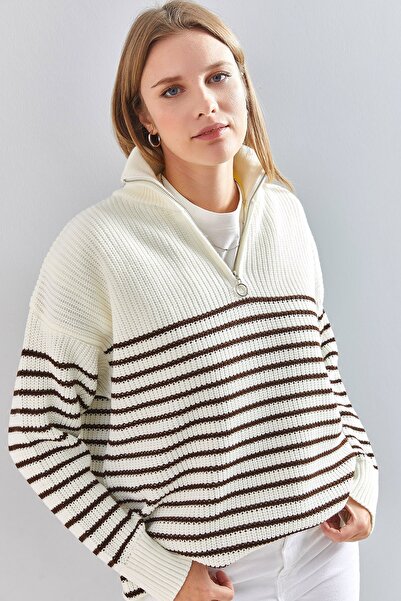 Bianco Lucci Γυναικείο πλεκτό πουλόβερ με φερμουάρ και ζιβάγκο Ριγέ 20223267