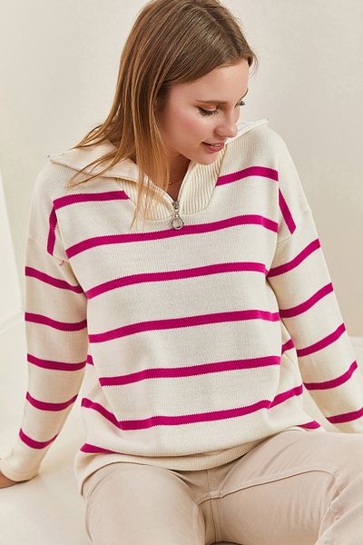 Bianco Lucci Pulover din tricot cu dungi cu fermoar pentru damă