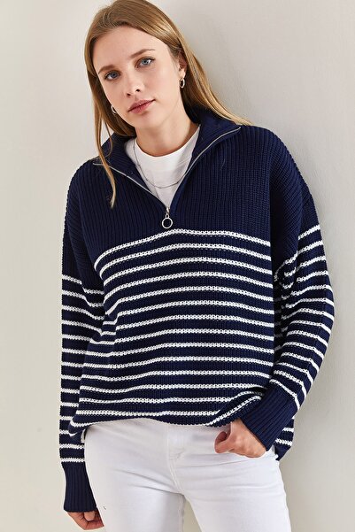 Bianco Lucci Női garbós, cipzáras, hat csíkos kötöttáru pulóver