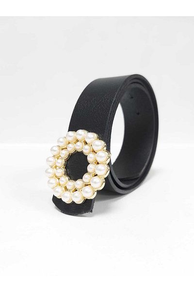 Kemerix 100% Genuine Leather Women's Black Belt with Pearl Stone and Gold Buckle