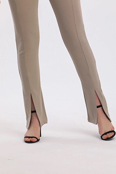 Swana Kadın Bej Yüksek Bel Önden Yırtmaçlı Fitilli Tayt