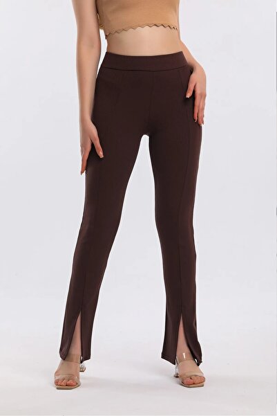 Swana Ženske tajice smeđe Visok struk Prednje Sa prorezom Rebrasto Tajice