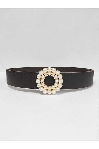 Kemerix 100% Genuine Leather Women's Bitter Brown Belt with Pearl Stone and Gold Buckle
