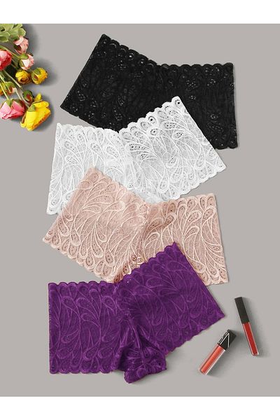 Fancy&Dancy Women's Black White Salmon Purple 4-Piece Lace Boxers