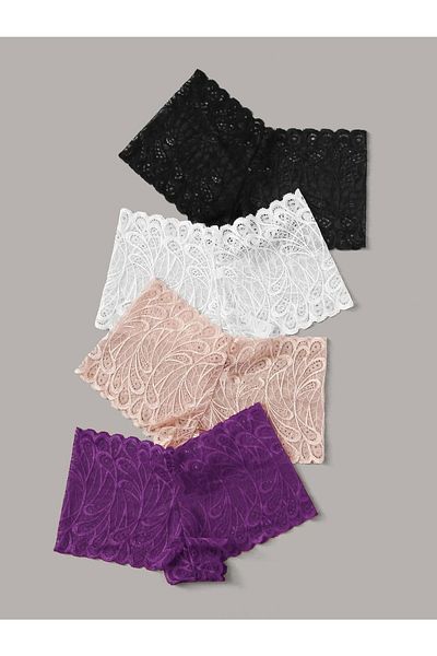 Fancy&Dancy Women's Black White Salmon Purple 4-Piece Lace Boxers