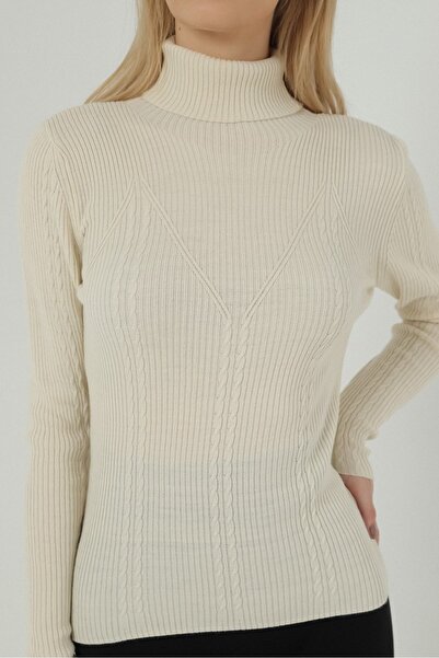 VEGENZE Women's Beige Turtleneck Ribbed Hair Knitted Patterned Knitwear Sweater