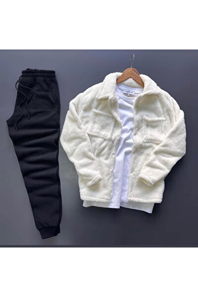 oneoff Cămașă cardigan din lână albă de pluș unisex Pantaloni de trening negr...