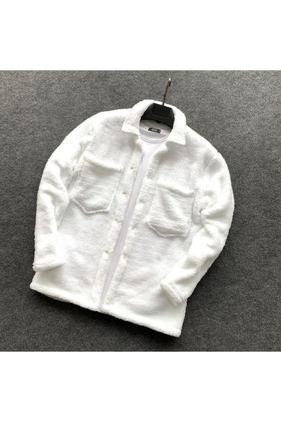 oneoff Unisex White Plush Fleece Cardigan Shirt Black Sweatpants (T-Shirt Not Included)