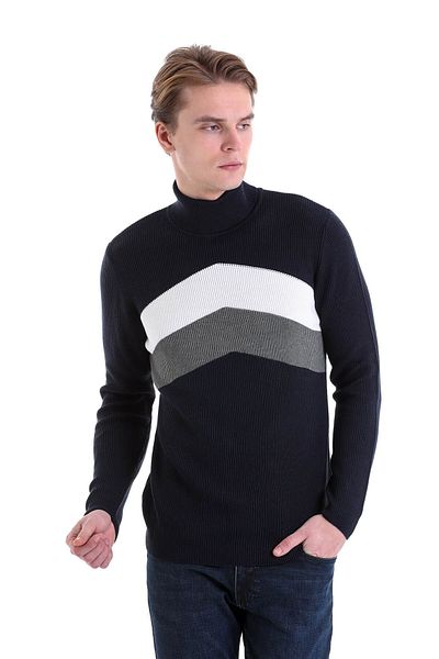 Hatemoğlu Navy Blue Slim Fit Patterned Cotton Turtleneck Sweater