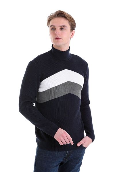 Hatemoğlu Navy Blue Slim Fit Patterned Cotton Turtleneck Sweater